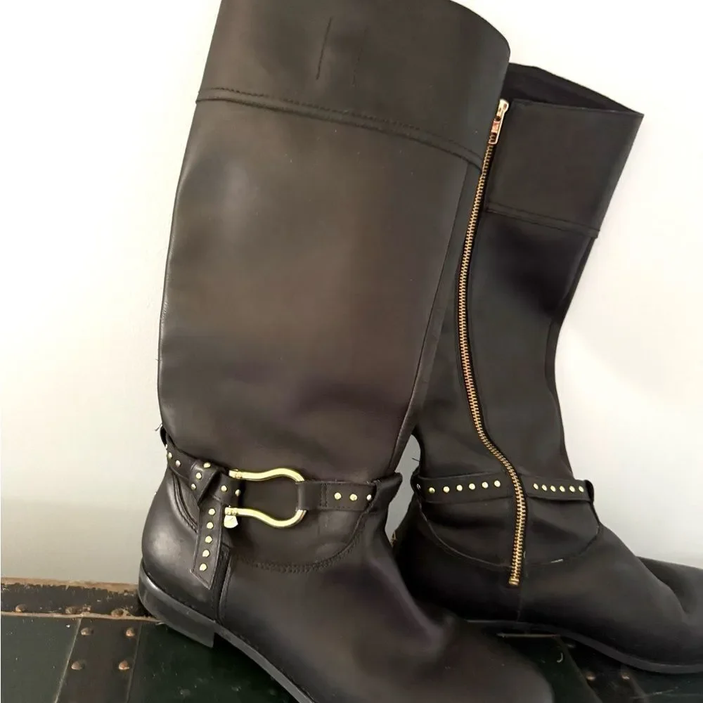 Sperry Top Sider Tall Riding Boots Black Leather gold-studded Womens Size 10